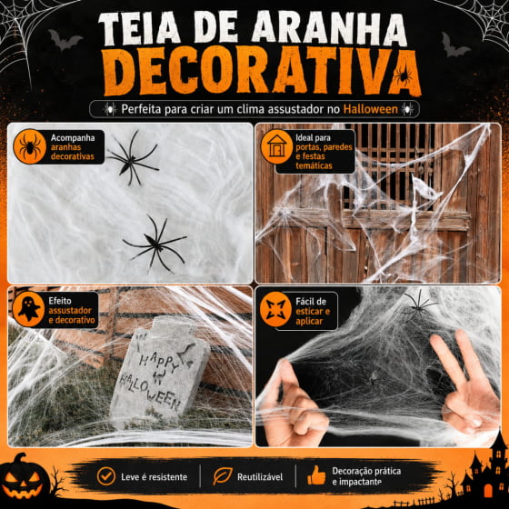 Kit Decoração de Halloween Aranha + Teia de Aranha + Fantasma