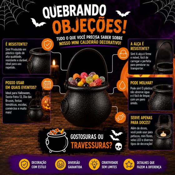 Mini Caldeirão de Bruxa Preto para Halloween