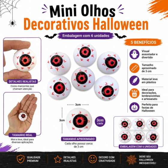 Mini Olhos Decoração de Halloween 6 Unidades