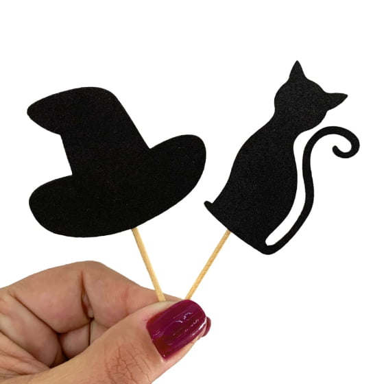 Palito Decorativo Halloween Chapéu de Bruxa e Gato