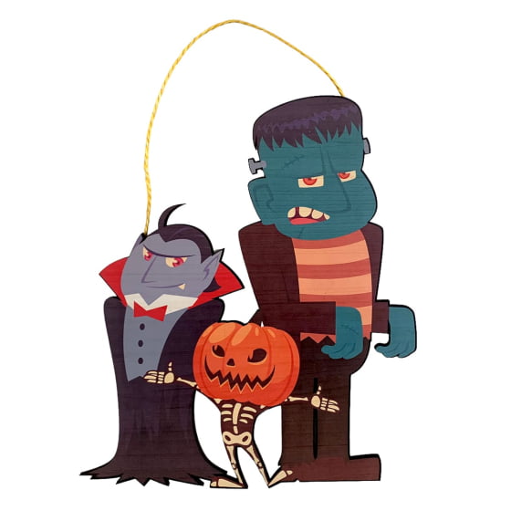 Placa Decorativa Trio Halloween Abóbora Esqueleto Vampiro Frankenstein