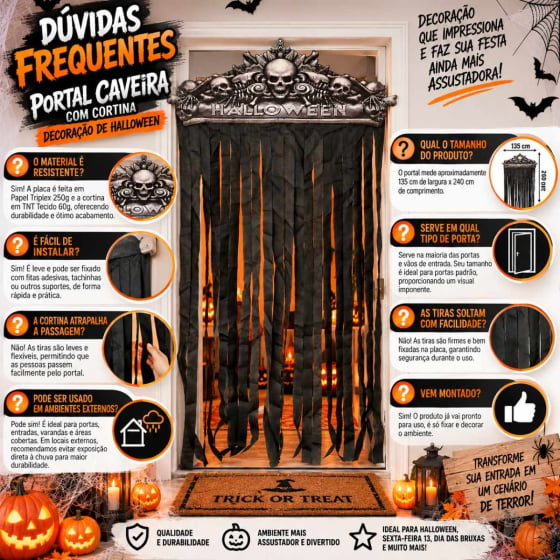 Portal Caveira com Cortina Decoração de Halloween