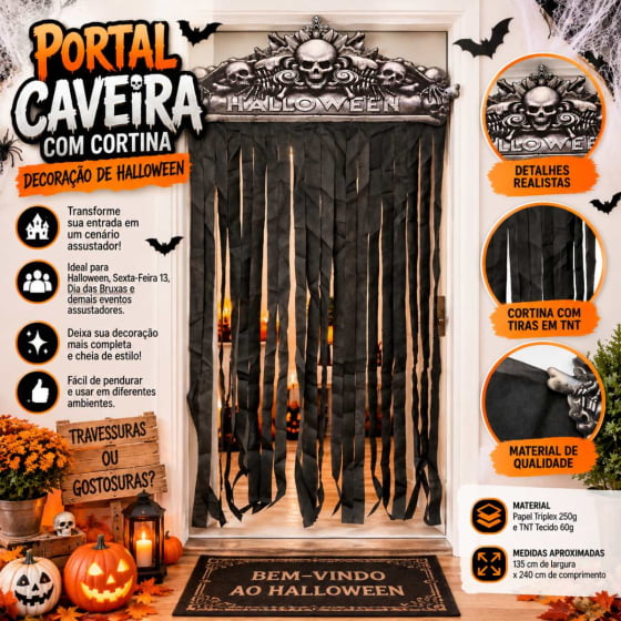 Portal Caveira com Cortina Decoração de Halloween