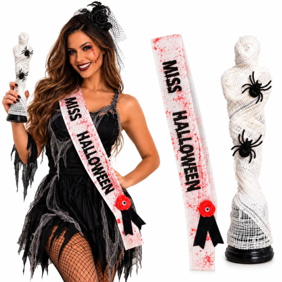 Kit Faixa Miss Halloween + Troféu Mister Múmia