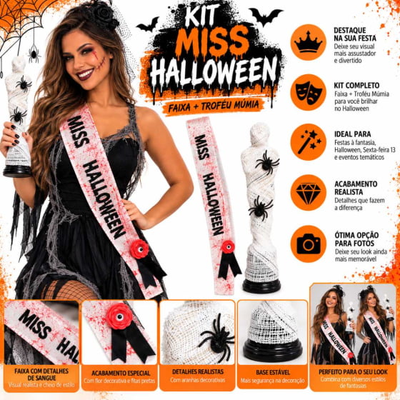 Kit 1 Faixa Fantasia Miss Halloween + 1 Troféu Mister Múmia Kit 1 Faixa Fantasia Miss Halloween + 1 Troféu Mister Múmia