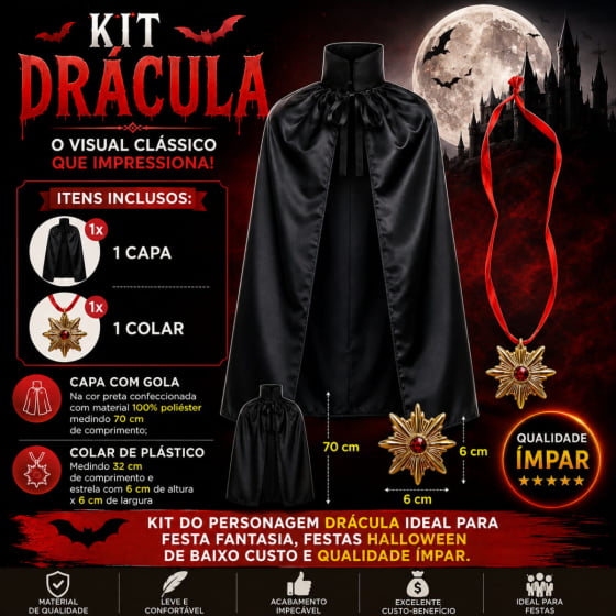Kit Fantasia Drácula Infantil com Capa e Colar