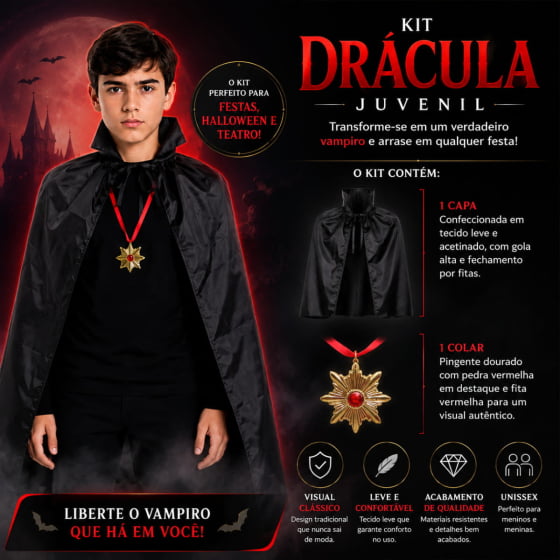 Kit Fantasia Drácula Infantil com Capa e Colar