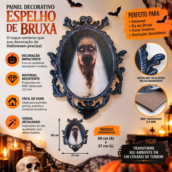 Painel em MDF Espelho de Bruxa Decoração de Halloween Painel em MDF Espelho de Bruxa Decoração de Halloween