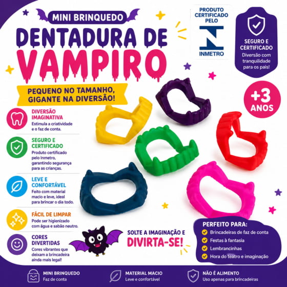 Dentadura de Vampiro Colorida - 12 unidades