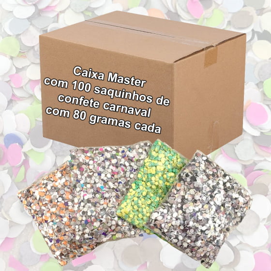 Caixa com 100 Saquinhos de Confete de Carnaval 80 gramas