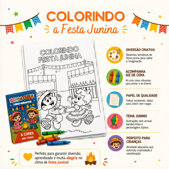 Folhas Colorindo Festa Junina com 8 Unidades e Giz
