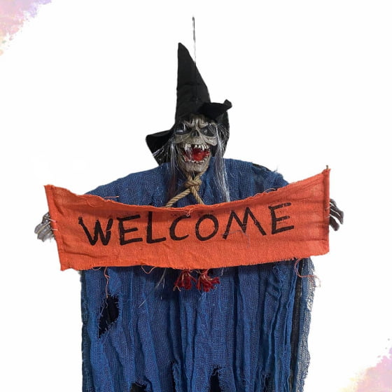 Enfeite Halloween Caveira Welcome que Pisca os Olhos e Grita