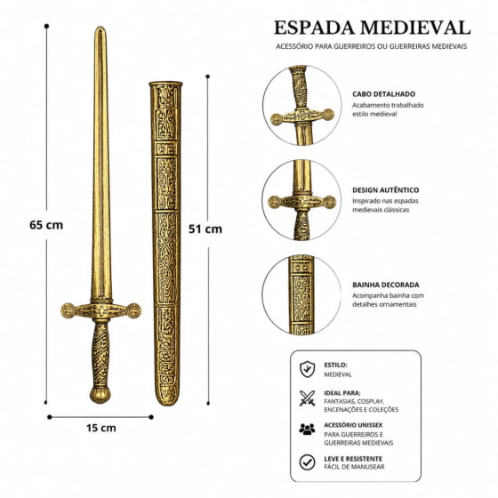 Espada Medieval Metalizada Cosplay para Fantasias