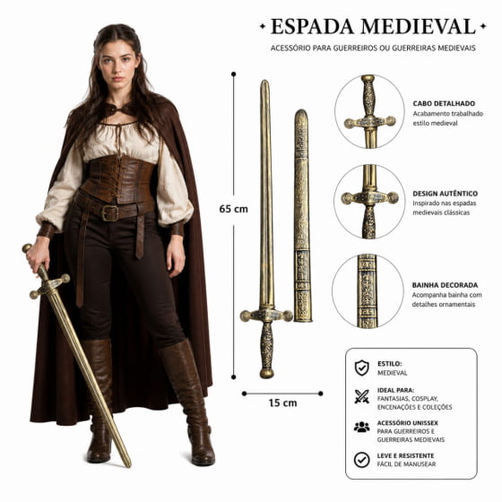 Espada Medieval Metalizada Cosplay para Fantasias