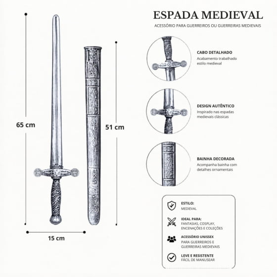 Espada Medieval Metalizada Cosplay para Fantasias