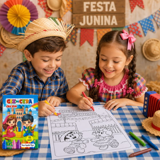 Folhas Colorindo Festa Junina com 8 Unidades e Giz