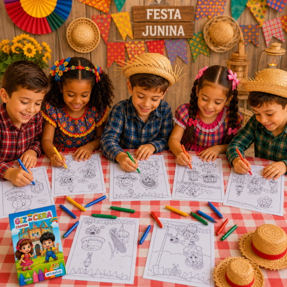 Folhas Colorindo Festa Junina -Com 8 Unidades + Giz