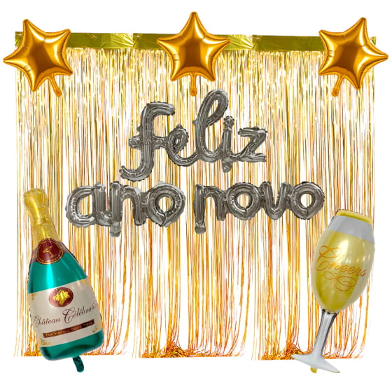 Kit Decoração Painel Feliz Ano Novo Balão Cortina Metalizada