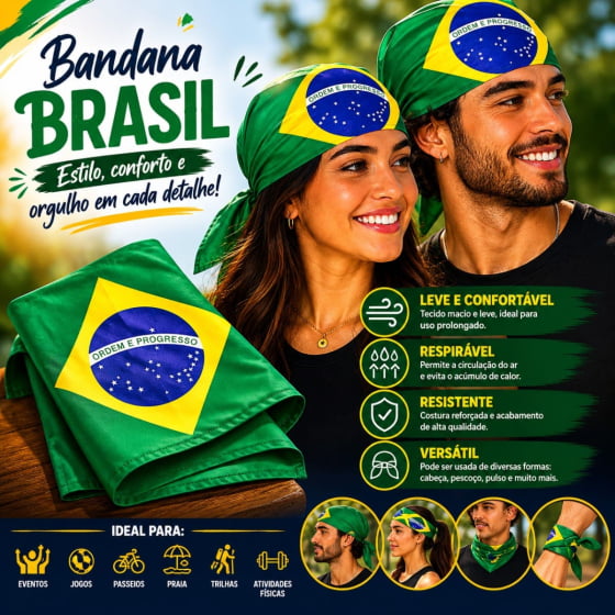 Bandana Bandeira do Brasil Tecido Poliéster Adultos ou Crianças