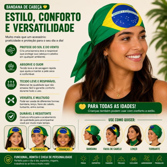 Bandana Bandeira do Brasil Tecido Poliéster Adultos ou Crianças