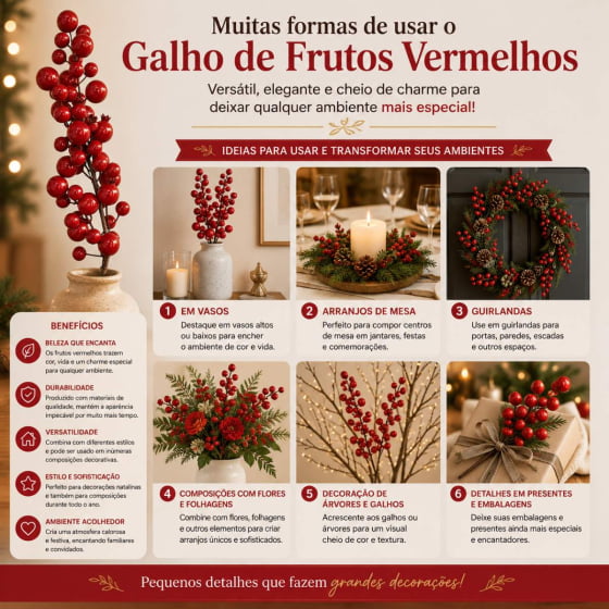 Enfeite Decorativo Galho com Cerejas e Mini Romas