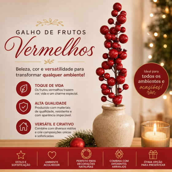 Enfeite Decorativo Galho com Cerejas e Mini Romas