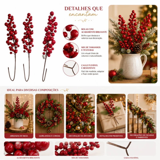 Enfeite Decorativo Galho com Cerejas e Mini Romas Enfeite Decorativo Galho com Cerejas e Mini Romas