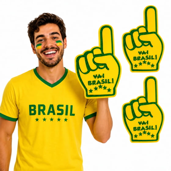 Kit 3 Mãozinha Torcida Vai Brasil Eva Número 1 Verde Amarelo