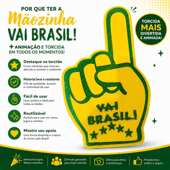 Kit 3 Mãozinha Torcida Vai Brasil Eva Número 1 Verde Amarelo