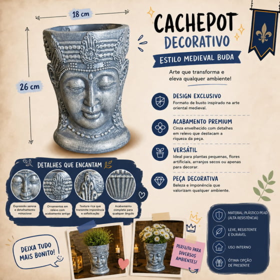 Cachepot Decorativo de Plástico Grande Buda