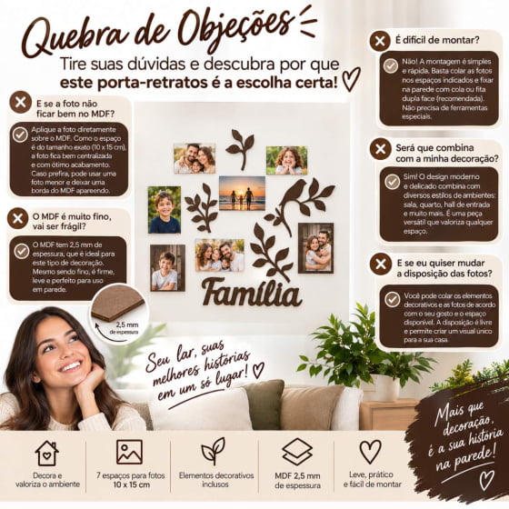 Porta-Retrato Família de Parede MDF para 7 Fotos 10x15