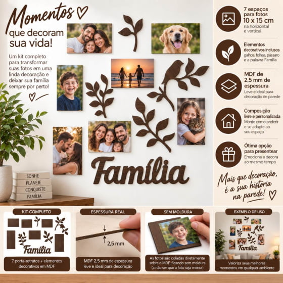 Porta-Retrato Família de Parede MDF para 7 Fotos 10x15