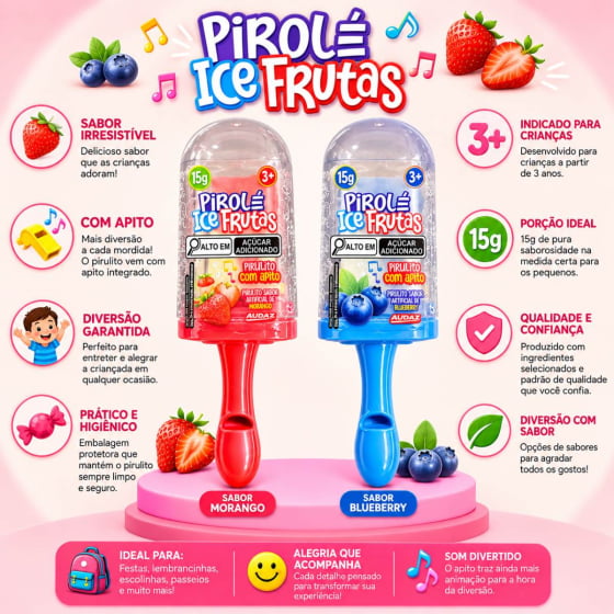 Pirulito Pirolé com Apito Ice Frutas 15 gramas - Unidade