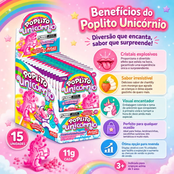 Pirulito Poplito Unicórnio Estala na Boca 15 Unidades