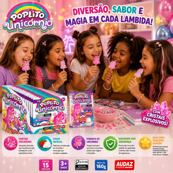 Pirulito Poplito Unicórnio Estala na Boca - 15 unidades Pirulito Poplito Unicórnio Estala na Boca - 15 unidades