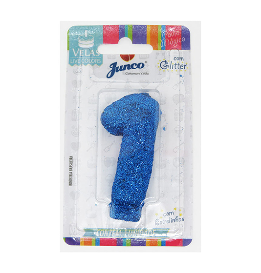 Vela Aniversário Live Colors com Glitter Azul - Número 1