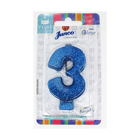 Vela Aniversário Live Colors com Glitter Azul - Número 3