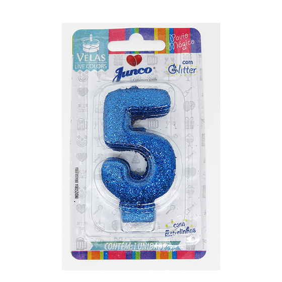 Vela Aniversário Live Colors com Glitter Azul - Número 5